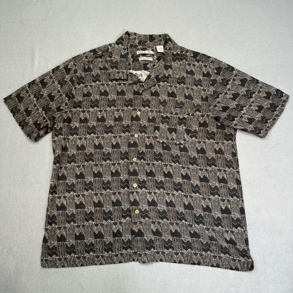 Batik Bay 100% Silk Geometric Print Grey Mens XL Short Sleeve Button Down Shirt